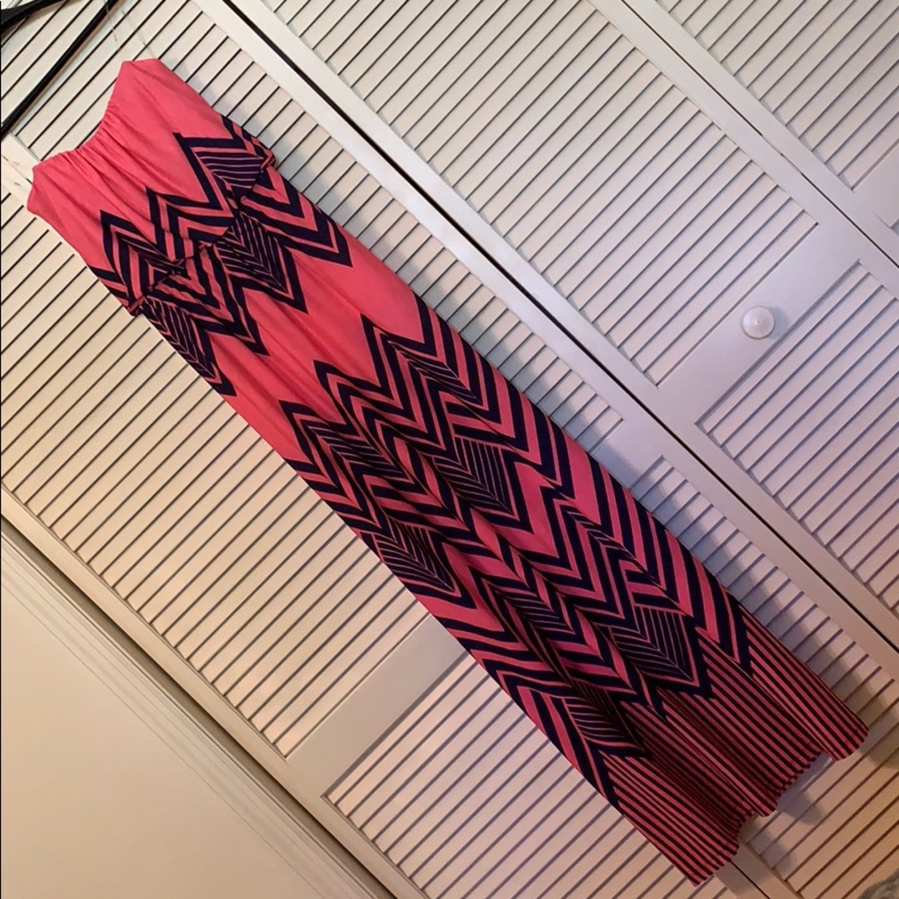 Pink Navy Blue Chevron Stripe Strapless Dress